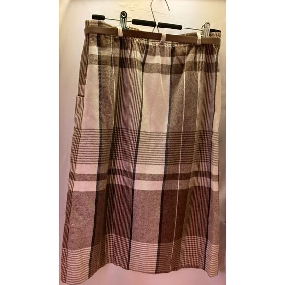 Vintage JBJ Tartan Plaid Wool Blend Skirt Size 12 Brown Cream Midi 80s 90s - Picture 4 of 10